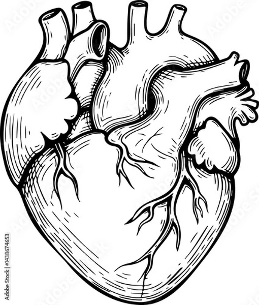 Fototapeta Detailed black and white anatomical illustration of a human heart with labeled structures. Isolated sketch cnc png Vintage-style drawing ideal for medical and educational purposes, engraving, tattoo