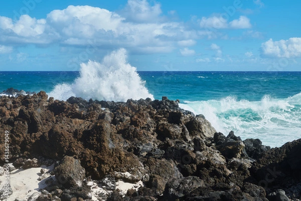 Obraz Caleta del Mojon Blanco beach on Atlantic Ocean with volcanic relief, big sharp rocks, big waves in Lanzarote, Spain