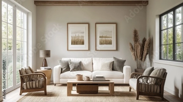 Fototapeta A 3D picture shows a mock-up frame in a farmhouse-style living room.
