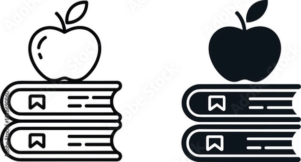 Fototapeta Minimalist Stack of Books with Apple Icon Set – Line Art and Solid Style Educational Vector