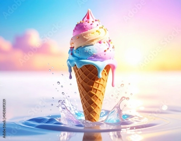 Fototapeta Melting rainbow ice cream, generative AI image
