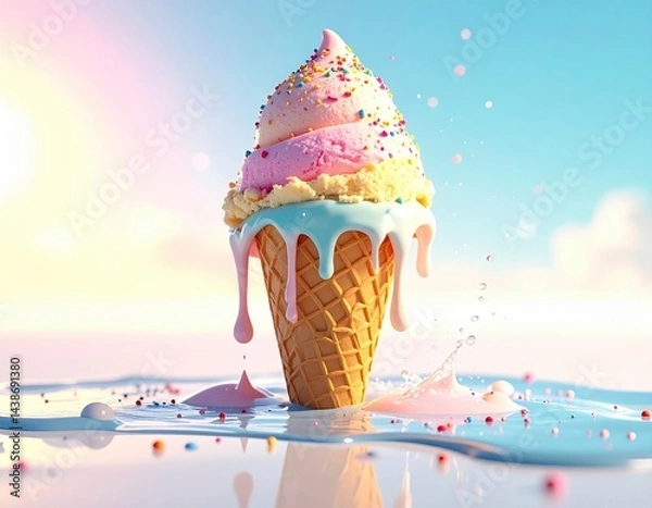 Fototapeta Melting rainbow ice cream, generative AI image