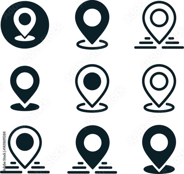 Fototapeta Minimalist Location Pin Icon Set – Solid and Outline GPS Marker Vector Illustration