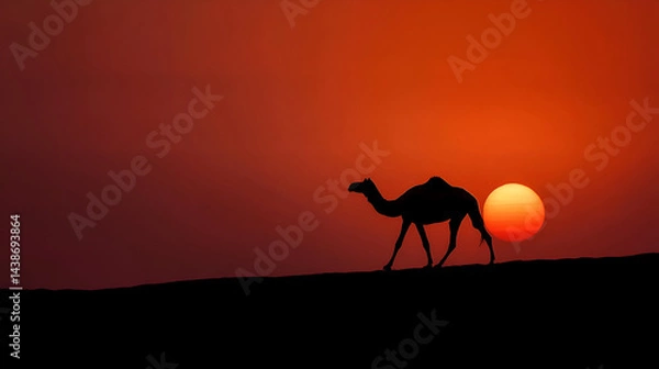 Fototapeta A camel silhouetted at sunset, walking across a distant ridge with a large orange sun hovering just above the horizon