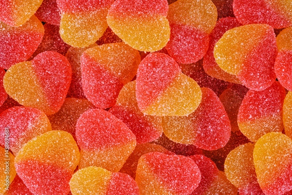 Fototapeta Colorful sugar-coated heart-shaped candies in vibrant red and yellow tones. Sweet, chewy texture creating a festive and romantic background perfect for Valentines Day designs and celebrations.