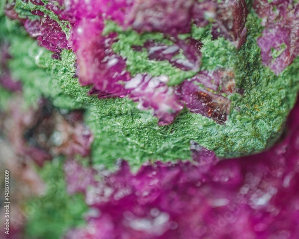 Fototapeta Cobaltocalcite with Kolwezite (green structural type of malachite) on matrix. Kolwezi, Lualaba, DR Congo. High magnification microscopy, scale of 10X