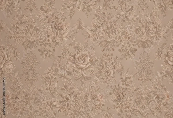 Fototapeta Intricate damask with rose motifs, taupe background, rose, flower