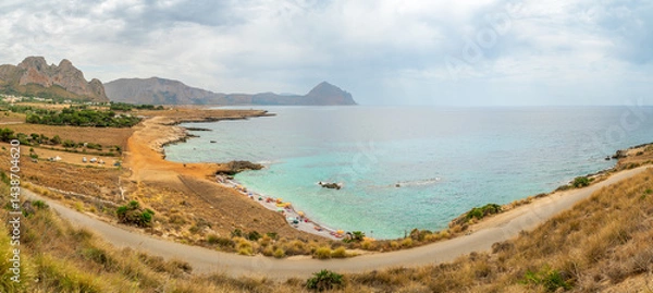 Obraz Panoramic view of Caletta del Bue Marino, San Vito Lo Capo,  Spiaggia di Isulidda, Trapani, Sicily, Italy. Dramatic clouds.