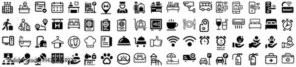 Fototapeta A compact yet comprehensive set of 72 hotel services icons, showcasing key features of hospitality such as accommodations, amenities, and guest services, ideal for travel and tourism projects