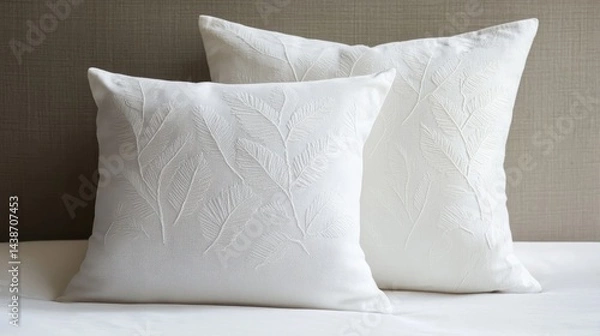 Fototapeta A decorative cushion in crisp white fabric with a subtle embroidered leaf motif