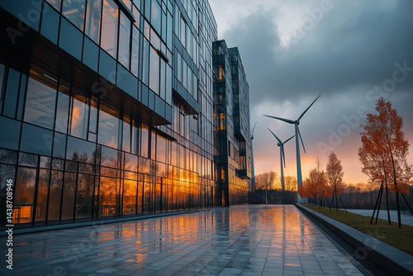 Fototapeta Glass office building with wind turbines spinning in the background, representing corporate commitment to renewable energy