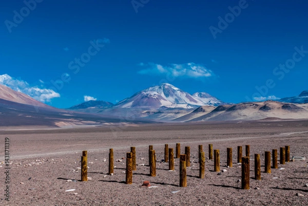 Fototapeta Ojos del Salado volcano mountain in Chile. Volcanic mountain landscape in arid dry altiplano high altitude plains, volcano high summit in Atacama desert arid soil and sand under blue sky with no cloud