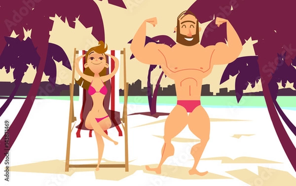 Obraz Young woman in bikini on the beach. Young man with muscles on the beach.