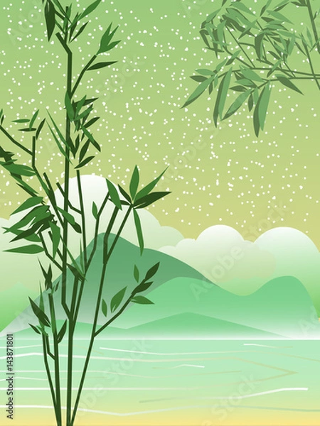 Obraz Spring landscape. Asia. Bamboo branches. The mountains.