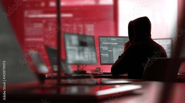 Fototapeta Hacker Monitoring Network Alerts on Multiple Screens in Red Tones
