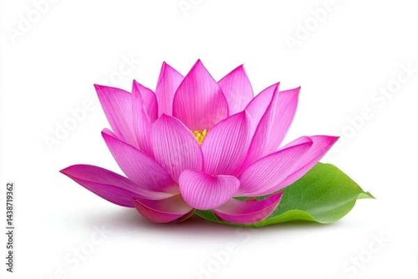 Fototapeta Pink Lotus Flower Isolated on White - A single pink lotus flower with a green leaf, symbolizing purity, enlightenment, rebirth, peace, and serenity. Beautiful, serene