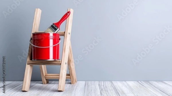 Fototapeta Red Paint Can and Brush on Wooden Ladder - A red paint can with a brush rests on a small wooden step ladder against a light gray background. Ready for home improvement projects