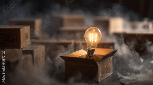 Fototapeta Illuminated lightbulb inside cardboard box surrounded by others, smoky atmosphere, symbolizes innovative ideas and successful delivery, business concept