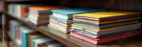 Fototapeta A stack of open albums on a shelf with colorful papers peeking out, album pages, organized chaos, paper inserts