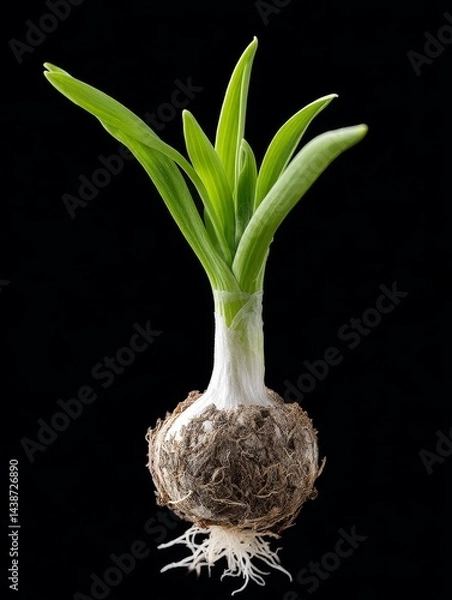 Fototapeta Sprouting Bulb on Black Background - Close-up of a bulb with sprouting green shoots against a black backdrop. Shows early growth stages