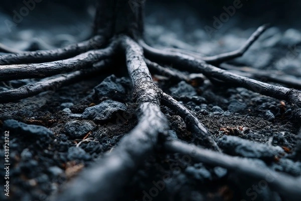 Fototapeta Tree Roots in Dark Soil - Close-up view of dark tree roots spreading in rich, dark soil. Texture and detail are prominent