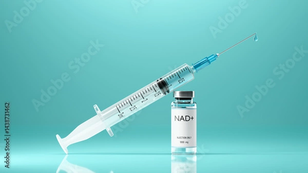 Obraz Medical syringe with a needle and a vial with NAD+ solution on blue background. Concept of anti-aging therapy and life extension. 3d illustration, rendering. Copy space