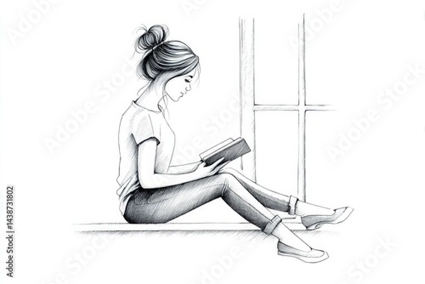 Fototapeta Window Seat Reading - A young woman, lost in a book, enjoys a peaceful moment by a window. Concepts: tranquility, reading, knowledge, solitude, escape