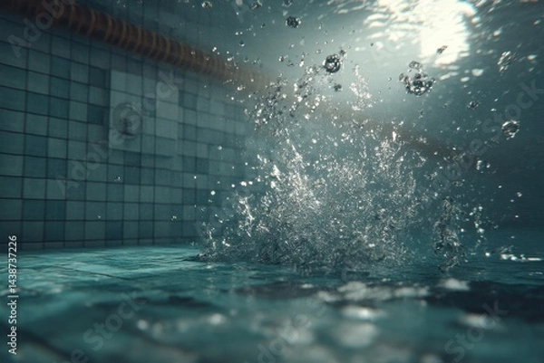 Obraz An underwater view of a swimming pool with tile walls, showing water splashing upwards and bubbles rising, creating a dynamic and refreshing aquatic scene.