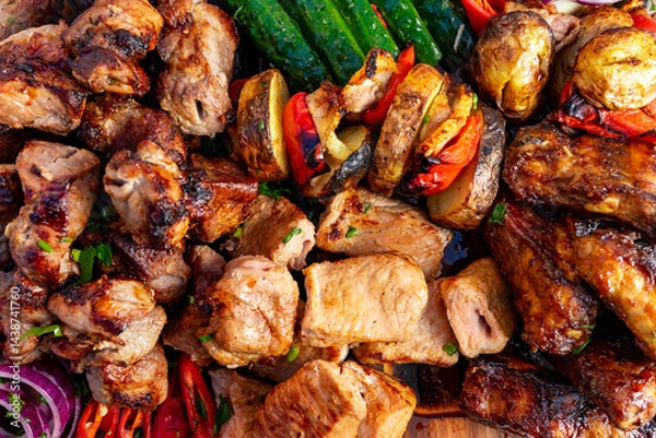 Fototapeta Grilled meats and vegetables served at outdoor barbecue event