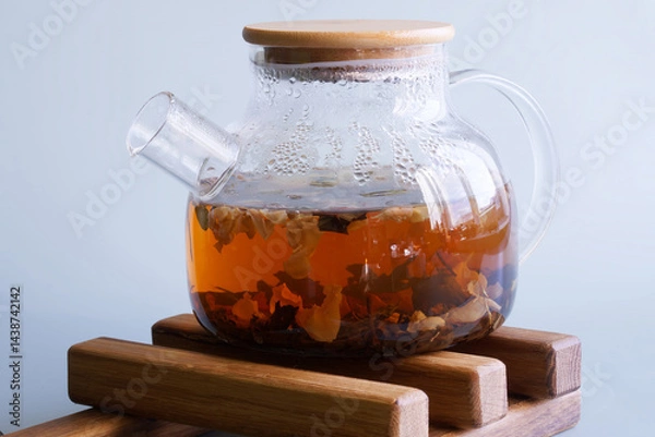 Fototapeta Glass teapot with fruit-infused tea and visible petals perched on a wooden trivet, perfect for beverage product catalogs, culinary blogs, and menu design. Photo