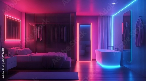 Fototapeta Stylish neon lit bathroom with modern features and luxurious design picture