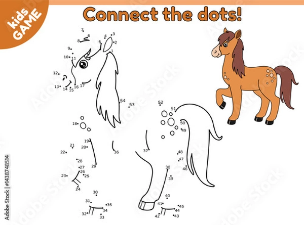 Fototapeta Dot to dot kids game with farm horse. Connect the dots by numbers, draw a cartoon farm animal and color it. Educational puzzle for preschool and school children. Vector baby illustration.