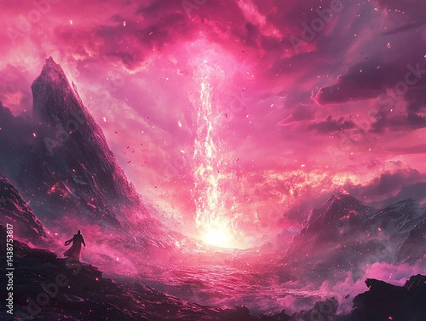 Fototapeta The sun ignites the spark, inner strength, energy pours into atmosphere, background pink , high resolution