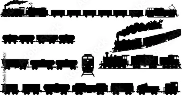 Obraz Freight train with locomotive, passenger train icons collection. Black silhouette of freight trains collection. Set of railway transport. Black wagon and locomotive