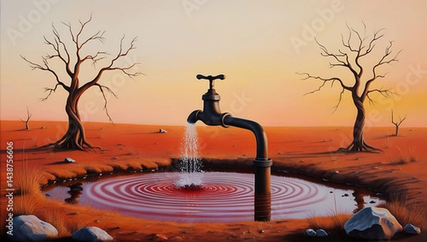Obraz Surreal Desert Sunset with Water Pump and Red Pool - Artistic Landscape