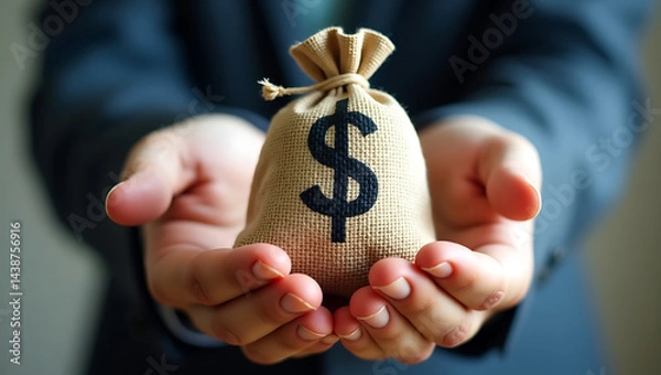 Obraz Symbol of Financial Success Hands Holding Burlap Money Bag with Dollar Sign
