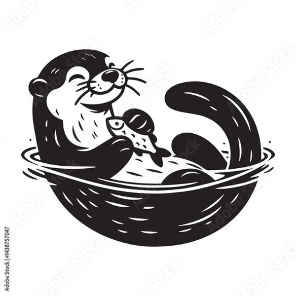 Fototapeta Otter Floating on Back Holding a Fish silhouette vector style with White Background	