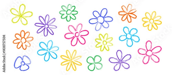 Fototapeta Flower daisy line crayon hand draw, spring simple floral outline chalk doodle, paint brush cute plant, colorful stroke charcoal petal chamomile, baby pastel nature, bloom camomile. Vector illustration