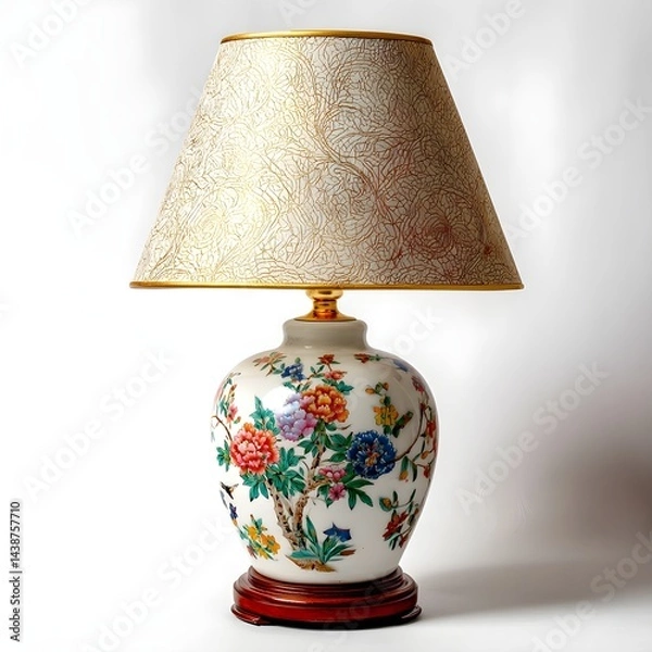 Fototapeta Porcelain Lamp With Hand-Painted Floral Motif On Base Radiates Artistic Charm And Soft Ambient Glow