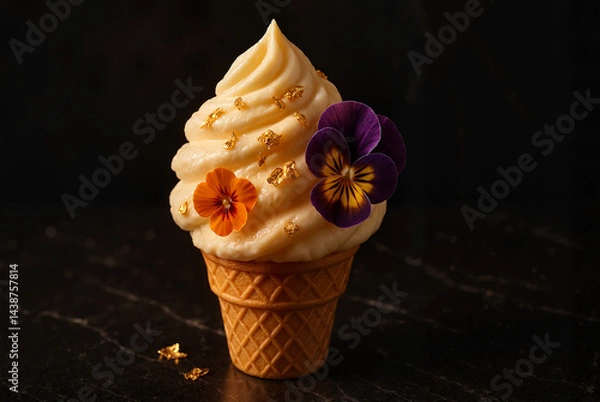 Obraz Gourmet ice cream with gold flakes and small edible flowers, orange and purple pansies, on a dark, reflective marble surface