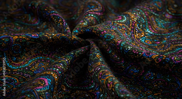 Obraz Close-Up of Vibrant Paisley Pattern Fabric with Rich Dark Colors and Details