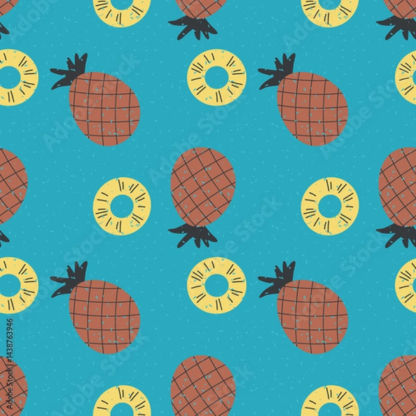 Fototapeta Seamless pattern with retro style textured pineapples and slices. Perfect print for card, label, textile, fabric, paper. Hand drawn illustration.