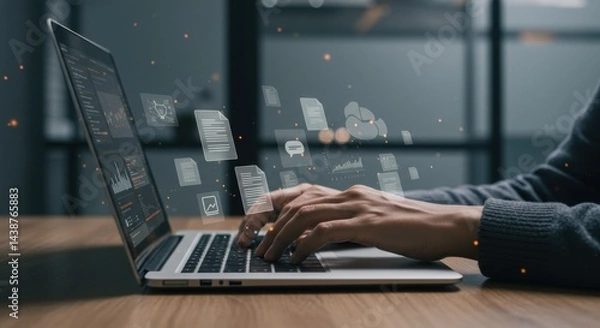 Obraz Data analysis on laptop with floating documents and charts concept