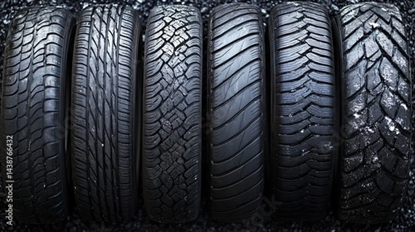 Fototapeta Winter tires with structured adhesion surface, arranged in a line.