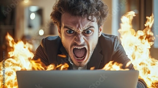 Obraz Young man stressed while working on a laptop.