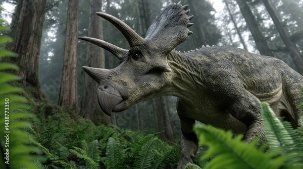 Fototapeta Triceratops in a misty forest