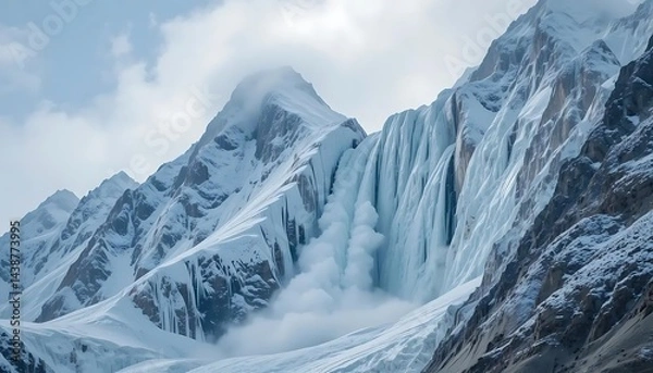 Fototapeta Avalanche's Majestic Descent: Untamed Power and Raw Beauty on a Towering Mountain Peak snow cold wild
