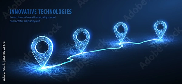 Obraz Four pins on the city map and line. Delivery, map location, transport logistics