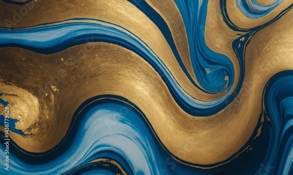 Obraz 금색 색조와 미묘한 마블링이 있는 흐르는 푸른 잉크의 추상적인 매크로 사진