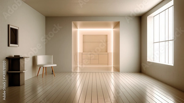 Fototapeta A large empty room with a white chair and a white cabinet